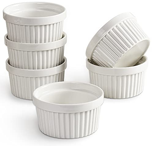 homEdge Lot de 6 ramequins en porcelaine, 240 ml, bol à crème glacée, pour crème brûlée, soufflé, pour pâtisserie, blanc