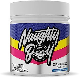Naughty Boy Cell Swell Technology, Non Stimulant Pre Workout - Pump, Performance & Focus. L-Citrulline 6g, Beta Alanine 3.2g and Added Arginine, 400g - 25 Servings (Blue Razz Bon Bons)
