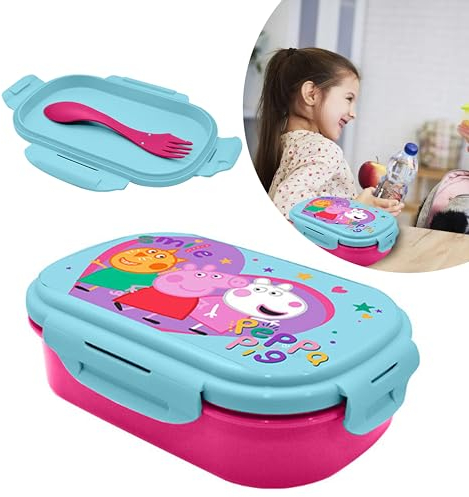 Peppa PlG ungiftige Lunchbox aus Kunststoff mit Göffel für Kleinkinder, BPA-frei, mikrowellen- und spülmaschinenfest, Lebensmittelzubereitungsbehälter für Kinder, Reisen, Schule, Kindergarten,