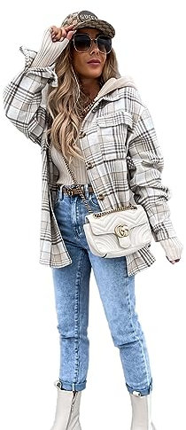 YUTILA Damen Kariert Hemdjacke Langarm Lockere Holzfällerjacke Oversized Kapuze Mit Taschen Knopfleiste