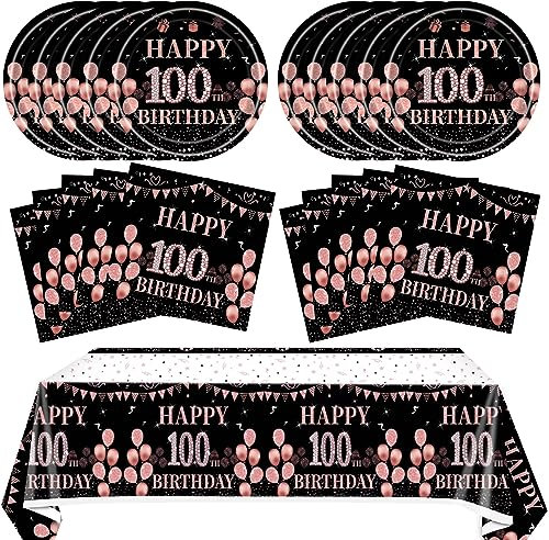 41PCS 100 Birthday Decorations For Women Rose Gold Pink Happy 100 Birthday Plates and Napkins tablecloth Party Supplies for Vintage 1923 Aged to Perfection Birthday Decor