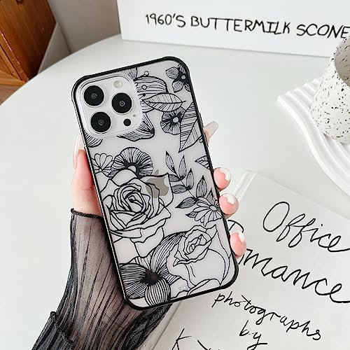 XIZYO Clear TPU Case for iPhone 14 Pro 6.1 Inch, Cute Rose Flower Floral Pattern Soft Slim Shockproof Phone Case, for Girls Women Luxury Anti-Scratch Transparent Frosted Protective Case, Black