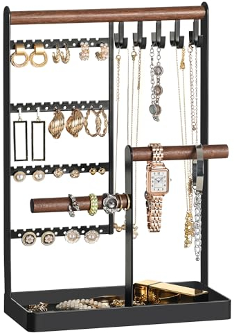 metwoods Jewellery Stand Necklace, 5 Tier Earring Holder Organiser with 40 Holes, Jewellery Display Stand Necklace Holder with 10 Hooks, for Bracelets Earrings Rings, Gift Idea, Black