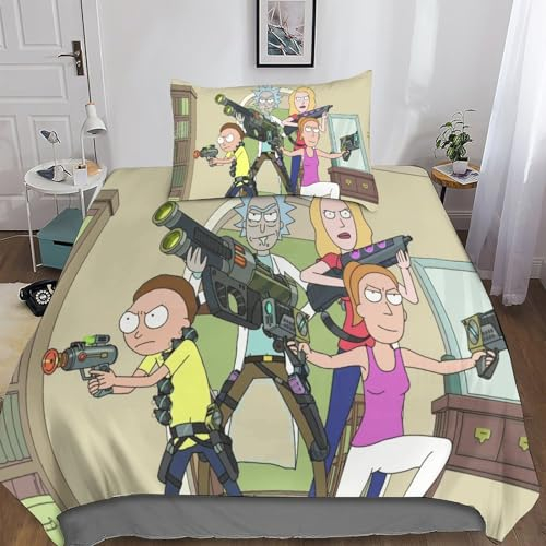 BARDYS Rick Morty Bettwäsche Set Mit Weiche Mikrofaser,Kinder Jugendliche Erwachsene Animation Cartoon 3D Gedruckte Bettbezüge Weiche Bettbezug Und Mit Reißverschluss Kissenbezug Single(135x200cm)
