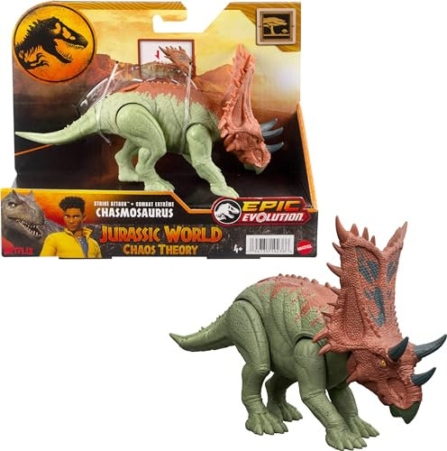 Mattel Jurassic World Strike Attack Dinosaurier Spielzeug mit Single-Strike Action & beweglichen Gelenken, Chasmosaurus Actionfigur inklusive digitalem Spiel