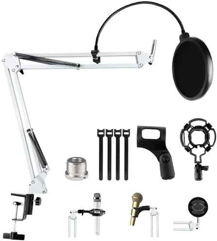 Relota Bras Micro Réglable, Support de Microphone Blanc avec Filtre Anti-Pop, Pince à Micro, 5 Attaches de Câble, Anti-choc, Perche Micro Suspension pour Studio, Diffusion, Enregistrement, Gaming