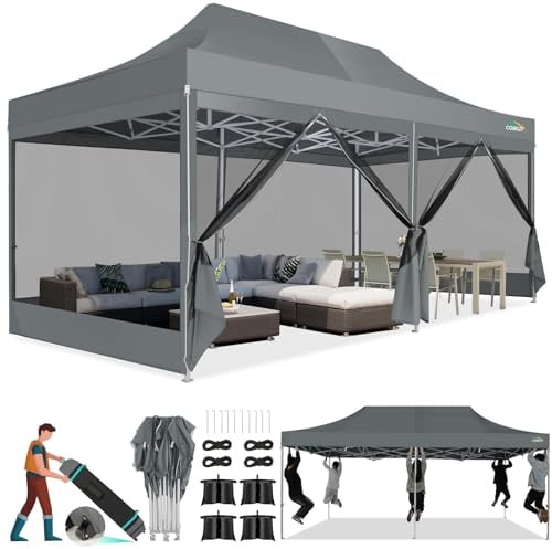 COBIZI Faltpavillon 3x6 m mit Moskitonetz, wasserdicht, stabil | UV-Schutz 50+, 3-fach höhenverstellbar, 6 Seitenwände, robustes 420D Oxford-Gewebe, mit Aufbewahrungstasche mit Rollen