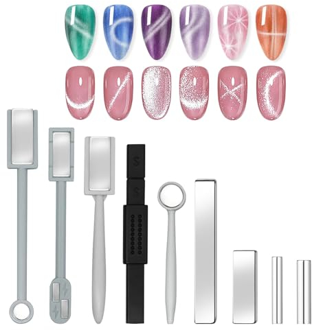 JINGEGECOME 9PCS Cat Eye Magnetic Nail Polish Kit, Cat Eye Gel Nail Polish Magnet Tools Set Strong Suction Nail Magnet Nails Square Round Magnet Stick or Diverse Cat Eye Effects at Nail Salons.