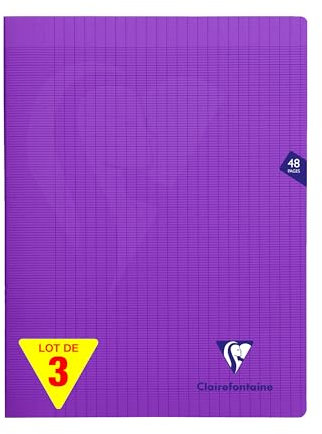 Clairefontaine 373311AMZC Un lot de 3 Cahiers Agrafés Mimesys - 24x32 cm - 48 Pages Grands Carreaux - 90 g - Couverture Polypro - Couleur Violet