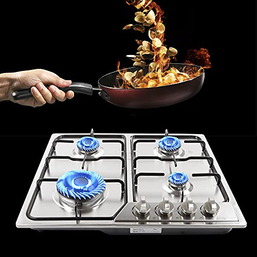 DSYOGX Plaque de cuisson à gaz à 4 feux, intégrée, 23 , en acier inoxydable, avec allumage électrique et système d'interruption de la flamme préoccupante, pour les ménages, les restaurants