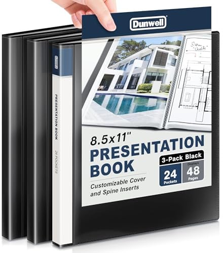 Dunwell Präsentationsmappe mit 24 Fächern, 48 Seiten, 21,6 x 27,9 cm, mit Kunststoffhüllen, Aufbewahrung und Organizer für Dokumente, Zertifikate, Projekte, Fotos (3 Stück, schwarz)