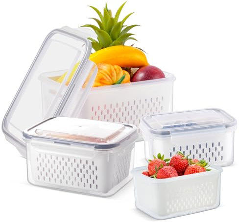 Esyhomi Fresh Food Storage Containers for Fridge, 4 Pack Fridge Storage Container with Drainer Baskets, Stackable Reusable Organisers, Fresh Vegetable Container for Fruit Salad Vegetables