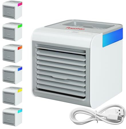 Powatron Air Cooler 3-in-1 Humidifier Purifier Portable Mini Air Conditioner With 3 Fan Speed 420ML Water Tank 7 LED Lights USB Powered Mini AC for Home Office Travelling Camping Indoor & Outdoor