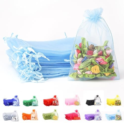 Organzasäckchen 7x9 Himmelblau,50 Stück Organzasäckchen Himmelblau Klein,Tütchen Kindergeburtstag,Kleine Tüten für Süßigkeiten,Geschenk Bags Kindergeburtstag für Weihnachten,Ostern Kordelzug Geschenk