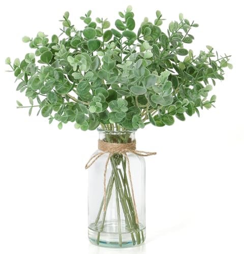 DEMIUKO Artificial Eucalyptus Stems in Pot Artificial Plants Indoor with Glass Vase with Faux Water 14 Fake Eucalyptus Leaves in Vase Plants Decorations for Office Home Wedding Table Centerpiece