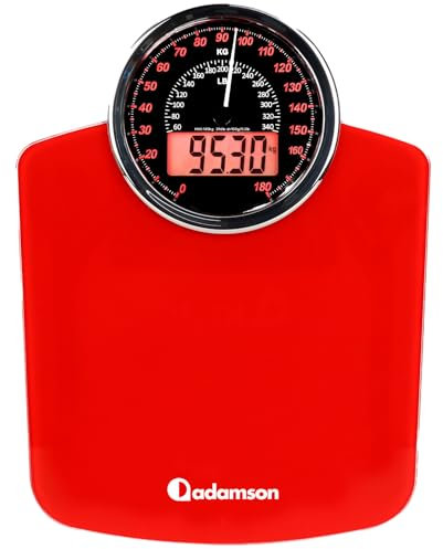 Adamson Pèse-personne Hybride + 2-en-1 Digital et Analogique - Jusqu'à 180 kg - Verre trempé épais - Grand écran - Lecture facile + NOUVEAU + Rouge