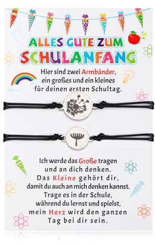 HOWAF 2 Endlich Schulkind Armband Mädchen Junge Geschenke zur Einschulung, Löwenzahn Armband Schulkind mit Einschulung Geschenk Karte für Erster Schultag Schultüte Füllung Schulanfang Geschenke
