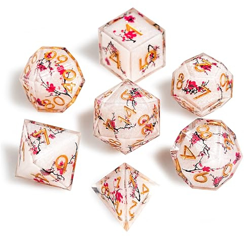 GU BEI TE DND-Würfel-Set, 7-teilig, scharfe Kanten, Pflaumenblüten-Stil, Kunstharz, polyedrisches Harz, scharfe Kanten, Würfel für Rollenspiele, Dungeons and Dragons, RPG, MTG, Tischspiele