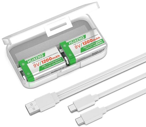 9V Rechargeable Battery, Pack of 2 1200mAh 9 Volt High Capacity Lithium Batteries for Smoke Detectors, Microphone, Alarms, Toys, Flashlights, etc. with USB-C Charging Cable & Storage Box