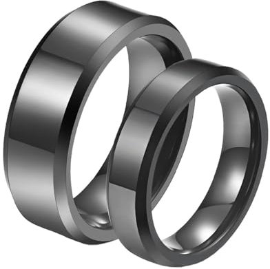 Lirzxin Partnerringe Wolfram, Verlobungsringe Damen Herren Ringe mit Gravur für Paare Einfach Poliert Rund 6/8MM Schwarz Frauen Größe 62 (19.7) & Männer Gr. 54 (17.2)