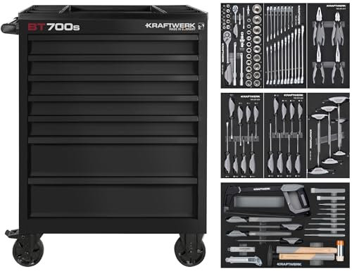 KRAFTWERK Werkstattwagen Made in Germany | Werkzeugwagen bestückt mit 113 Profi Werkzeugen | Stabile Doppelwandige Stahlblech-Konstruktion Werkstattwagen bestückt Art. Nr. 102.107.BLK2