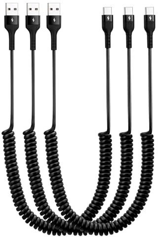 saerryor 3 Packs Coiled Cable USB C, Type C Phone Charger Cable Fast Charging for Smartphone Car Usb, Spring Data Lead Maximum Stretching Length 1.5 M