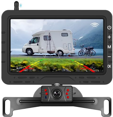 Wireless Reversing Camera Kit with Digital Signal 4.3” Monitor, IR Night Vision Waterproof License Plate Rear View Camera for Car Van Travel Trailer Truck SUV Caravan Bus Motorhome DIY Guide Lines