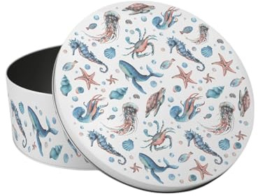 Purely Home Sea Life Small Cake Tin - Ocean Themed Coastal Creatures Kitchen Gifts - Round Metal Storage Container for Baking 18 x 7cm