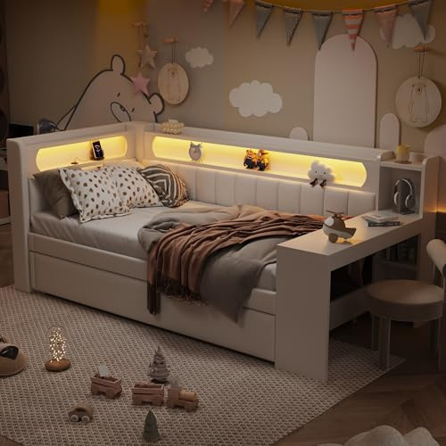 Oxtao Polsterbett 90x200 cm, Schlafsofa mit Schreibtisch und Ausziehbett, Tagesbett mit LED und USB-Anschluss, Funktionsbett Gästebett mit Lattenrost, ohne Matratze (Weiß)