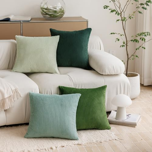 4er Set Kissenbezug 50x50cm Grün Kordsamt Gestreift Kissenbezüge Dekokissen Sofakissen Couchkissen Zierkissenbezug Deko Wohnzimmer Kissenhülle für Sofa Schlafzimmer Balkon Büro Forest Green