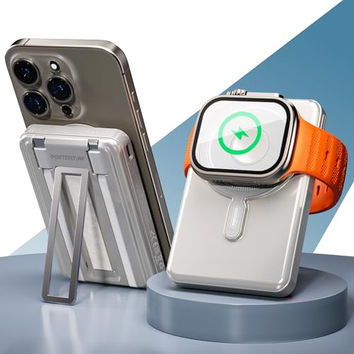 PORTENTUM MagSafe compatible power bank fast charging 5-in-1 foldable stand – 10000 mAh integrated Lightning + USB-C cables – Portable charger 20W PD/QC wireless Qi 15W – Apple Watch compatible