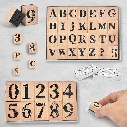 BXUUXA Buchstaben Stempel Set 38-teilig Holz Alphabet mit Zahlen | Holzstempel mit Gummi für Scrapbooking, Karten, Ton, Tagebuch, Basteln und kreative DIY-Projekte