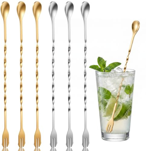 Elegaperma 6 Pcs Bar Spoon,10.24 in Stainless Steel Cocktail Spoon for Mix | Cocktail Spoon Long with Spiral Design,Long Bar Stirring Spoon for Bartending Drinks Coffee (Gold & Silver)