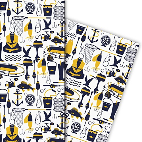 Modernes Angler Geschenkpapier Set (4 Bogen) Dekorpapier mit Reusen, Angelhaken für Geschenk Verpackung zur Taufe, Geburt, Ostern, Geburtstag, Hochzeit, Weihnachten (32 x 48cm), in blau gelb