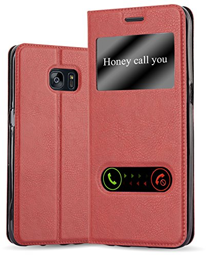 Cadorabo Hülle kompatibel mit Samsung Galaxy S7 Edge in Safran ROT - Schutzhülle mit Magnetverschluss, Standfunktion und 2 Sichtfenstern