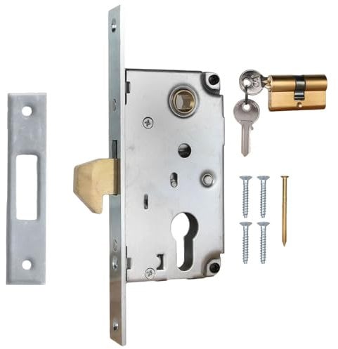 ATTAS Hakenschloss Schiebetore – Einsteckschloss aus verzinktem Stahl wetterbeständig, Dornmaß 40 mm, Hakenfallenschloss, Außenbereich, inklusive Schließzylinder, PZ Schloss für Schiebetüren