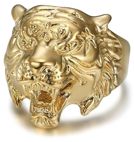BOBIJOO JEWELRY - Ring, Siegelring, Kopf von Tiger Vergoldeten Edelstahl 316 Gold-Finish Mann - 21 (11 US), Vergoldet - Edelstahl 316