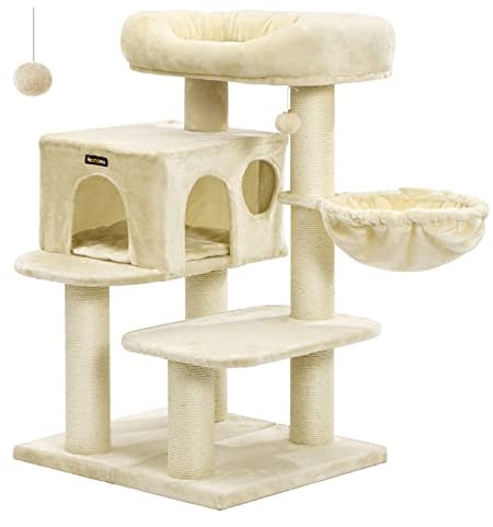 FEANDREA Árbol para Gatos, con Plataforma de Observación XXL, Tumbona de la Cesta y Cueva Grande, Postes Gruesos Envueltos en Sisal, Estable, Beige PCT01M