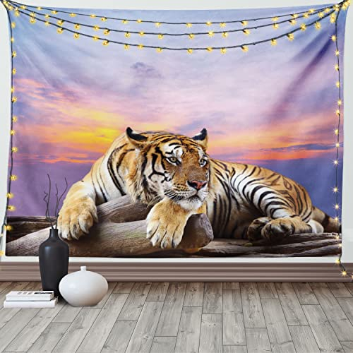 ABAKUHAUS Safari Wandteppich, Tiger Bunte Sonnenuntergang aus Weiches Mikrofaser Stoff Waschbar ohne Verblassen Digitaldruck, 150 x 110 cm, Lavendel Senf