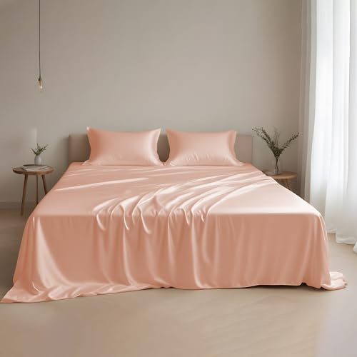 LINENWALAS Set Lenzuola 100% Tencel 4 pezzi - Lenzuola di eucalipto più morbide e rinfrescanti (King, Rose Gold)