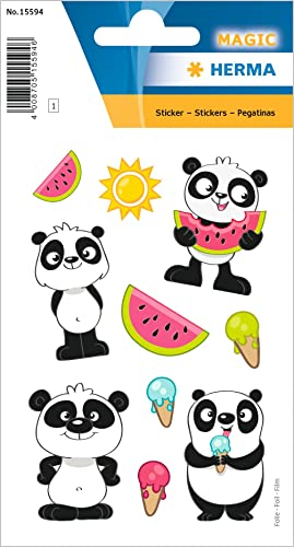 HERMA 15594 Aufkleber Panda klein groß, 10 Stück, Tiere Sticker mit lustigen Pandabär Wassermelone Eis Motiv, Kinder Etiketten für Fotoalbum Tagebuch Scrapbooking Geburtstag Deko Briefe DIY Basteln