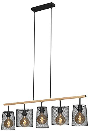 Briloner Leuchten - Pendelleuchte, Pendellampe 5-flammig, retro, vintage, Drahtgeflechtschirme, 5x E27, max. 60 Watt, Metall-Holz, Schwarz, 960x1.200mm (LxH), 4078-054