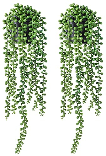 FUNARTY 2pcs Faux Plants Indoor — Artificial String of Pearls Plant in Black Pots, Realistic Green Fake Hanging Plants for Shelf Decor Desk Home Garden Decorations