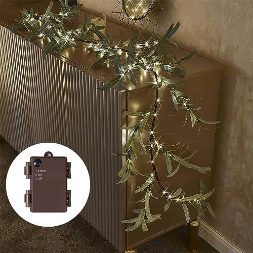 Birchlitland Lighted Olive Garland Battery Operated with Timer 6FT 96 LED Fairy Lights, Faux Vine with Lights for Mantel Fireplace Wall Patio Wedding and Holiday Decor