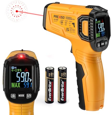 PREXISO Thermomètre Infrarouge, Pistolet de Température de Laser Numérique Sans Contact -50°C~550°C, Thermomètre Industriel avec Eclairage LCD, Emissivité Réglable(Pas pour Humain)