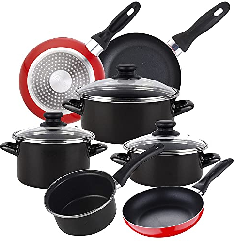 Magefesa Bateria de cocina 7 piezas MAGEFESA Kenia de acero vitrificado con juego de sartenes (16/20/24 cm) Navy Red en aluminio prensado