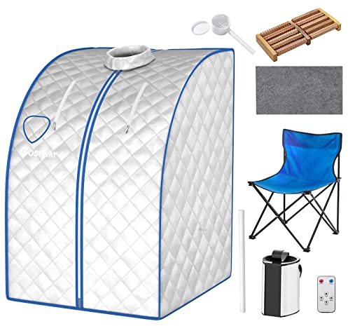 RELAX4LIFE Sauna a Vapore Portatile 3 L, Cabina Domestica per SPA, 9 Temperature Regolabili, 15-90 Minuti, Telecomando e Sedia, 1000W (Argento)