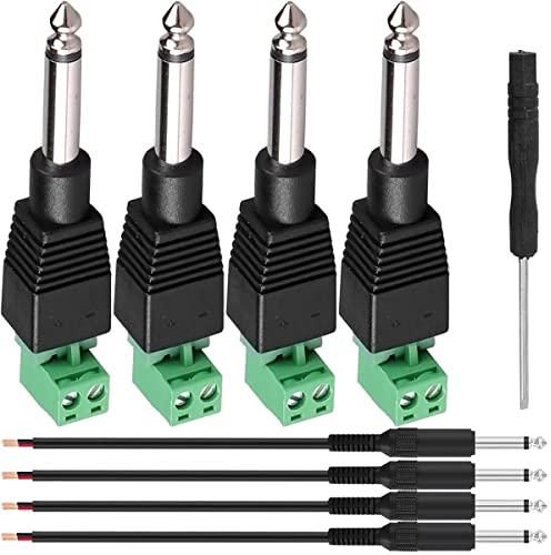 Xiatiaosann 6.35mm Plug Male Jack Mono for Guitar/Speaker/Microphone Audio Cable, 2 Pole Terminal Female 1/4 Inch Solderless Screw Converter Adapter Replacement Repair Plug, 4 PCS