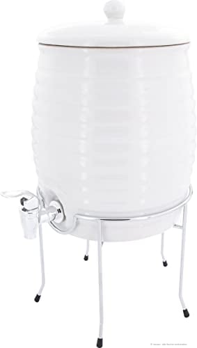 KERAZO Keramik Getränkespender, Fass, Rumtopf, Gefäß zur Fermentation von Kombucha, Essig und Öl inkl. Zapfhahn & Topfständer 6,0L, weiß