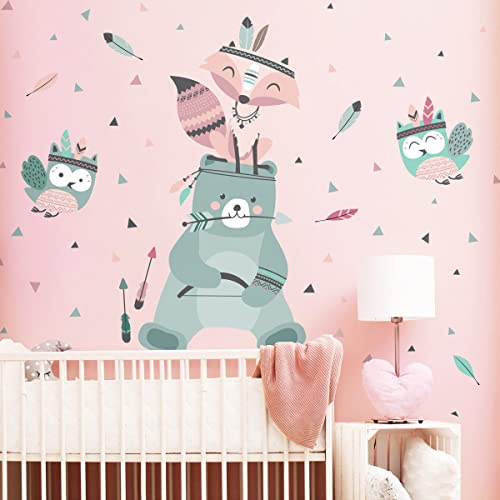 Wandsticker Kinder - Dekoration Babyzimmer - Wandaufkleber Kinder - Wandsticker Tiere - Wandsticker - Wandsticker Bär und Eulen Indianer - H120 x L90 cm